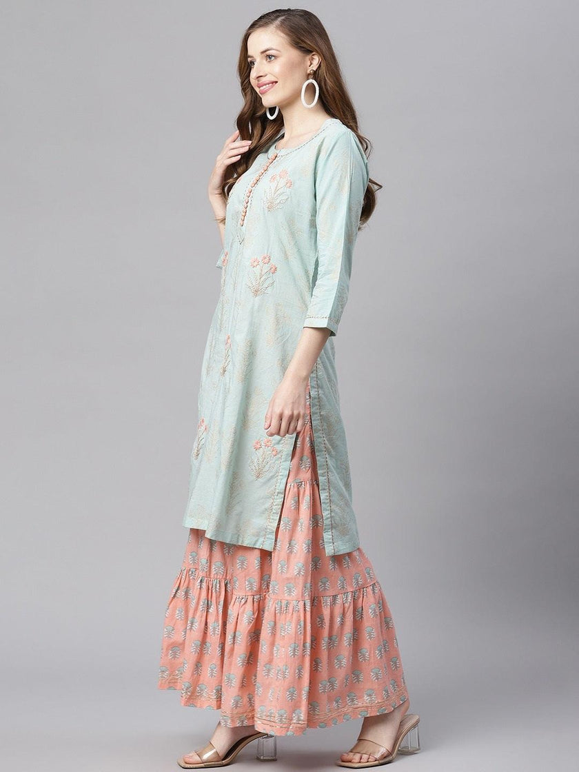 Divena Sea Green & Peach Cotton Kurta Sharara Set - divena world