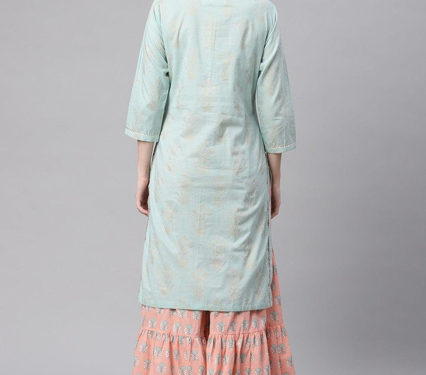 Divena Sea Green & Peach Cotton Kurta Sharara Set - divena world