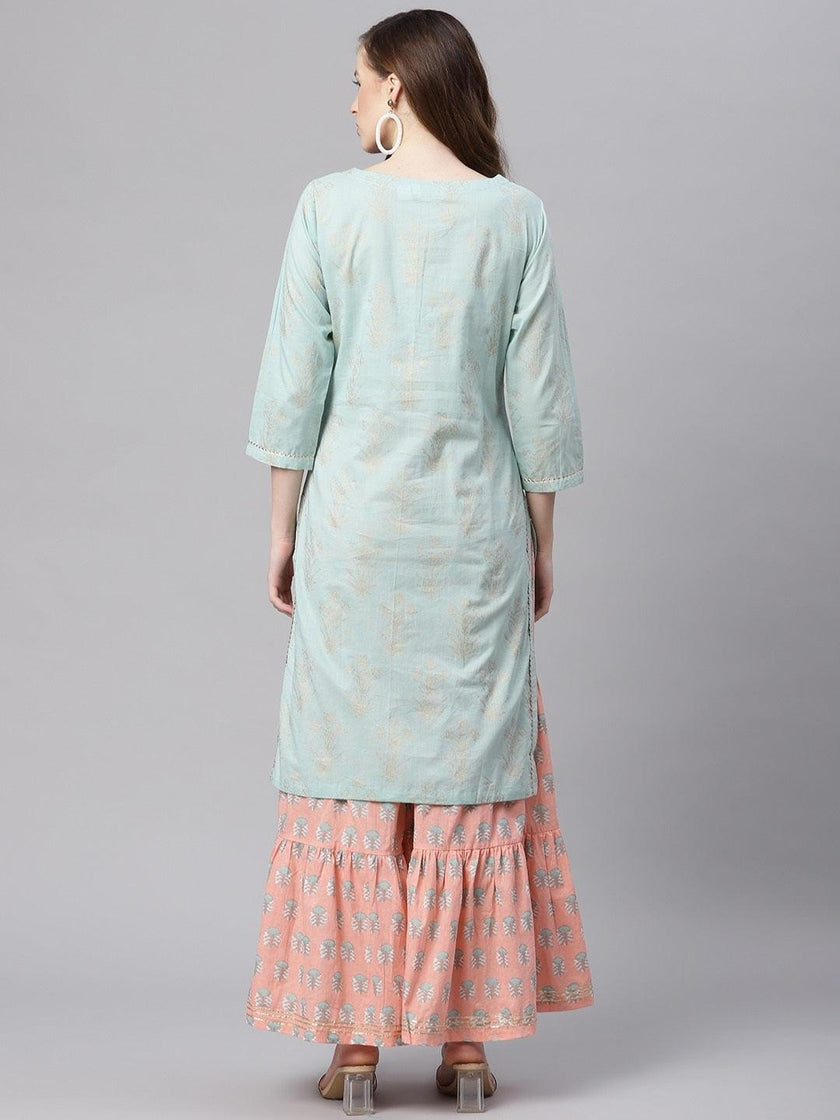 Divena Sea Green & Peach Cotton Kurta Sharara Set - divena world