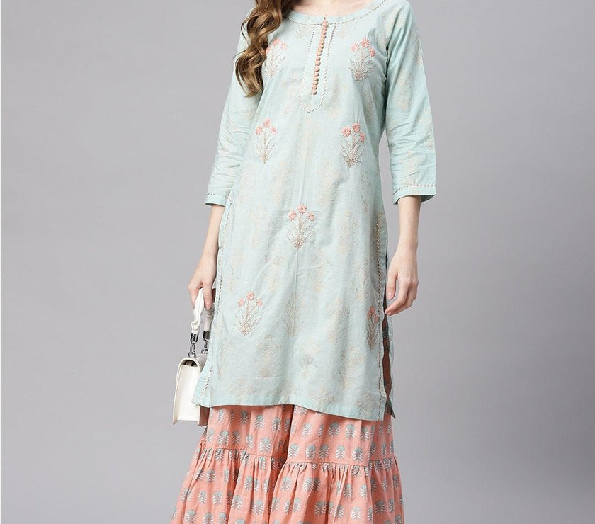 Divena Sea Green & Peach Cotton Kurta Sharara Set - divena world