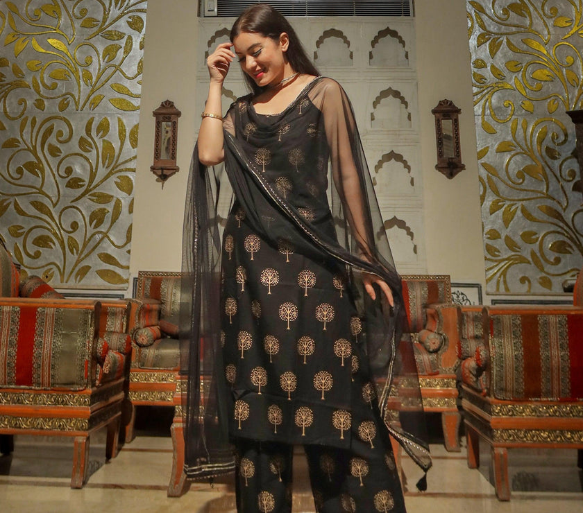 Divena Black shoulder strip Kurta Palazoo set with net Dupatta - divenaworld.com