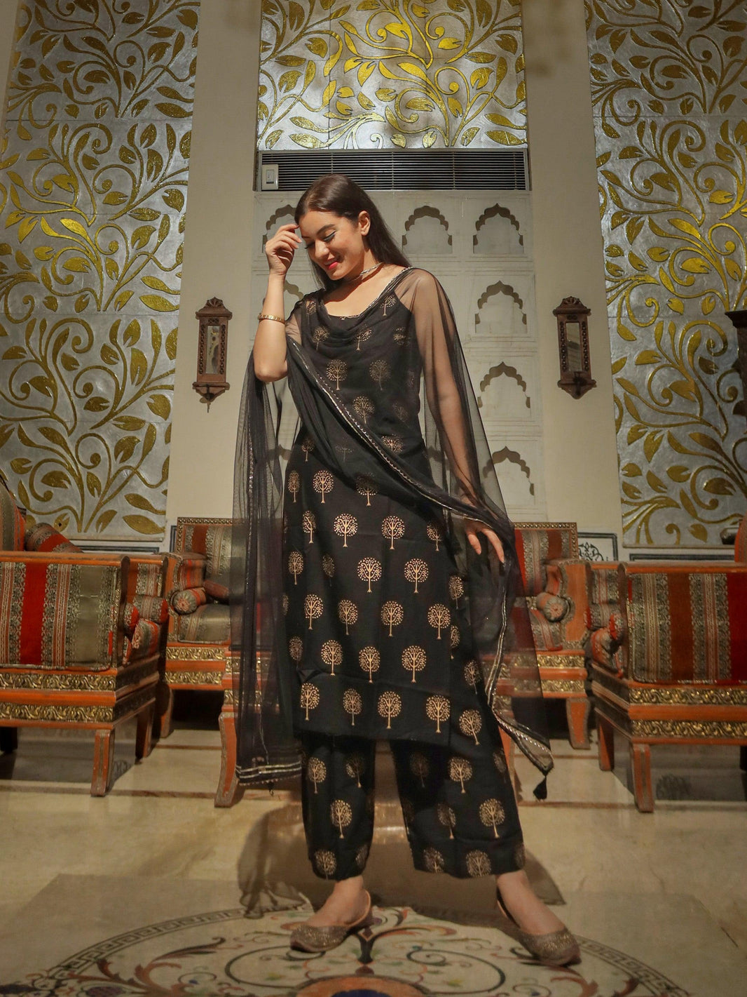 Divena Black shoulder strip Kurta Palazoo set with net Dupatta - divenaworld.com