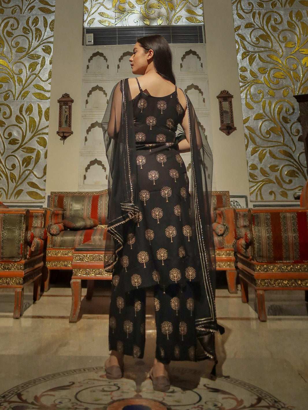 Divena Black shoulder strip Kurta Palazoo set with net Dupatta - divenaworld.com