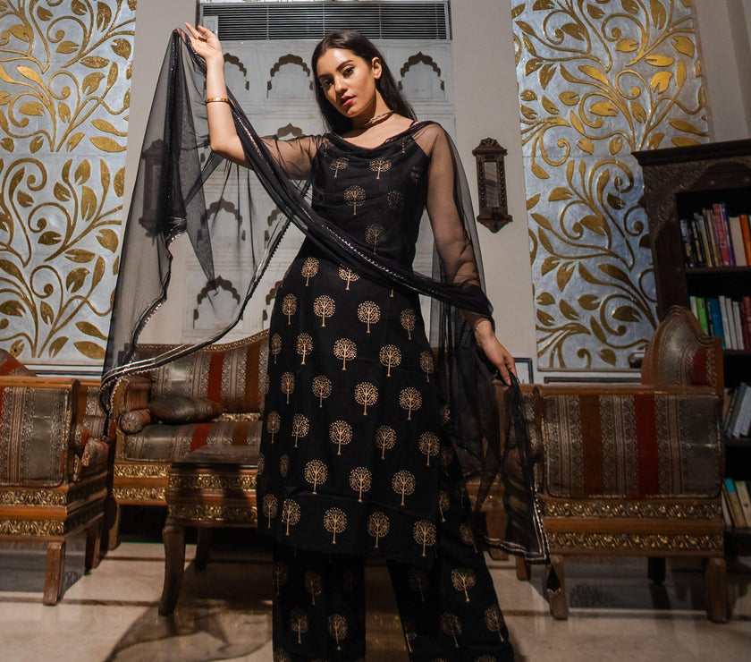 Divena Black shoulder strip Kurta Palazoo set with net Dupatta - divenaworld.com