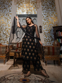 Divena Black shoulder strip Kurta Palazoo set with net Dupatta - divenaworld.com