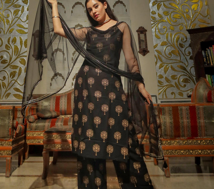 Divena Black shoulder strip Kurta Palazoo set with net Dupatta - divenaworld.com