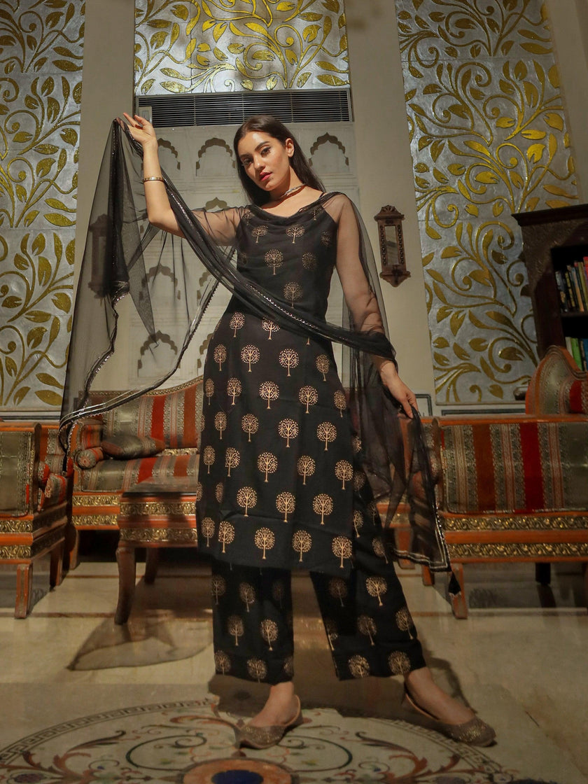 Divena Black shoulder strip Kurta Palazoo set with net Dupatta - divenaworld.com