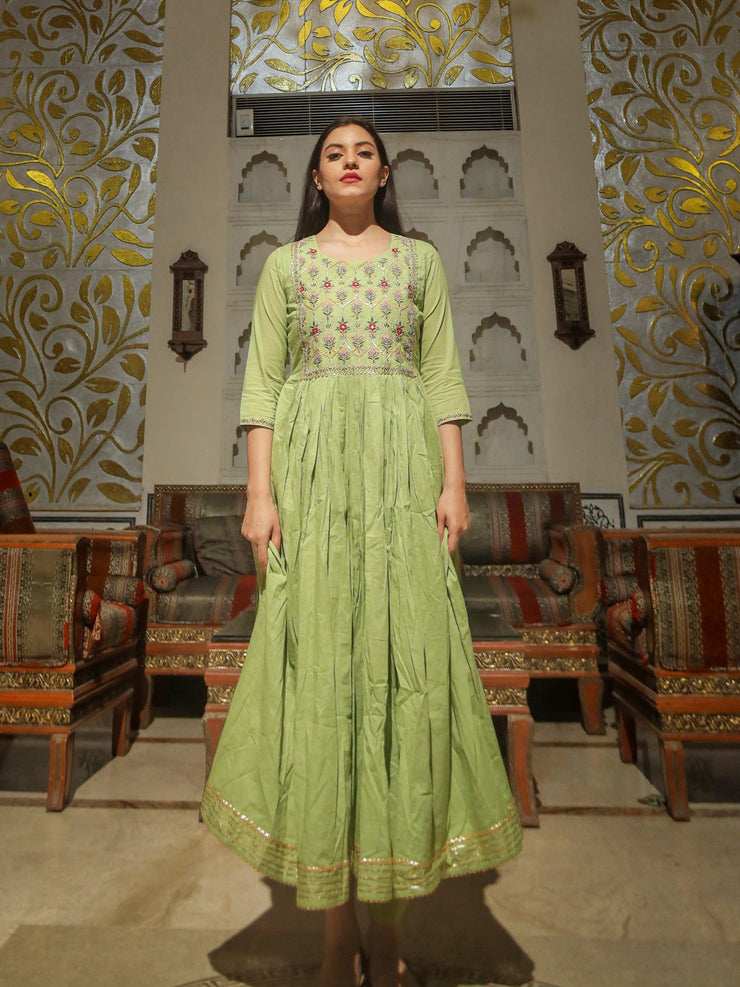 Divena Green Cotton Kurta Pant Set - divenaworld.com