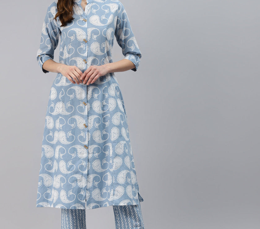 Divena Women Blue Ethnic Motifs Printed Regular Pure Cotton Kurta with Striped Palazzos