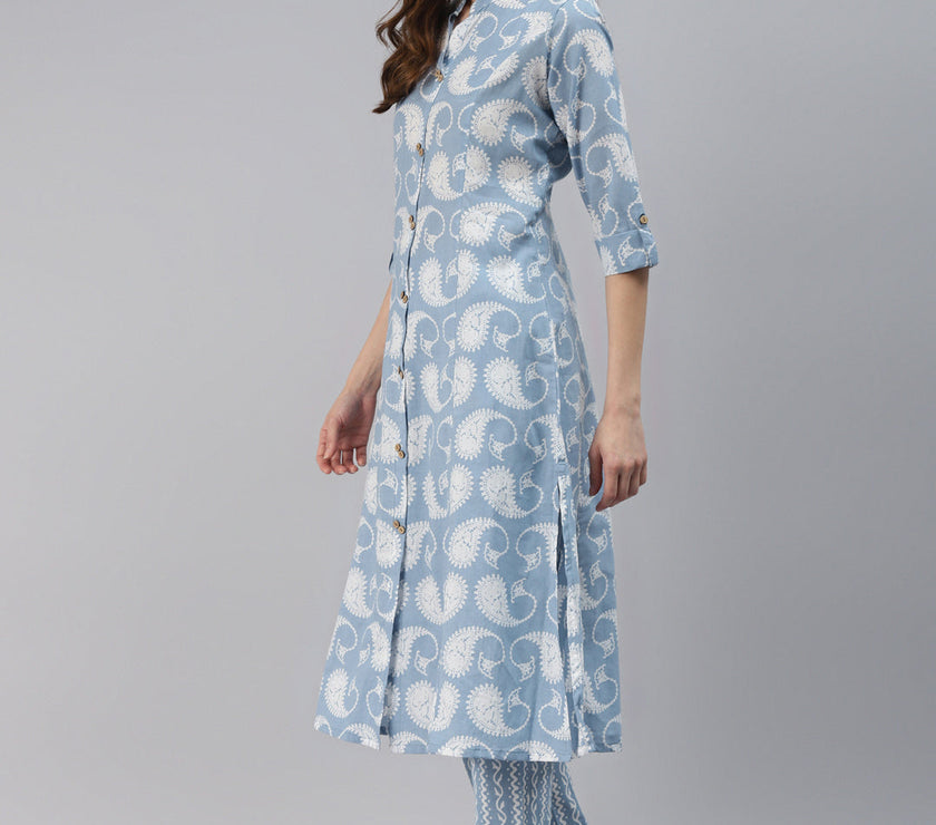 Divena Women Blue Ethnic Motifs Printed Regular Pure Cotton Kurta with Striped Palazzos