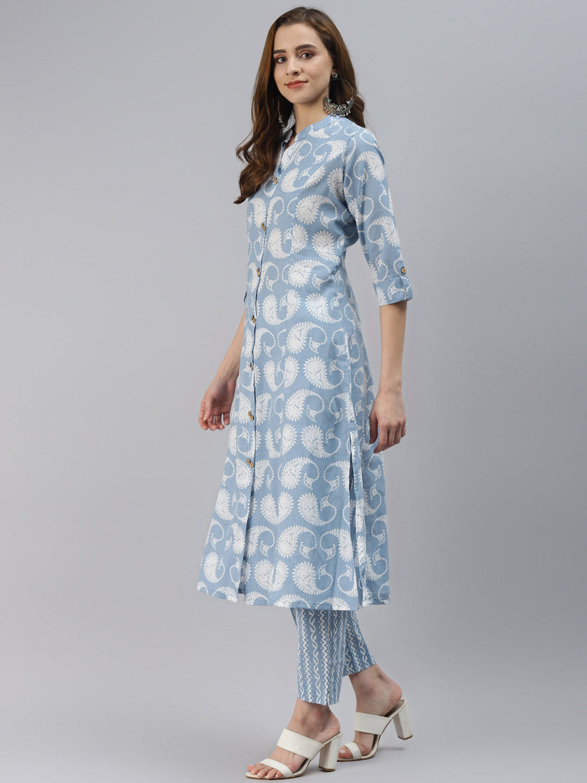 Divena Women Blue Ethnic Motifs Printed Regular Pure Cotton Kurta with Striped Palazzos