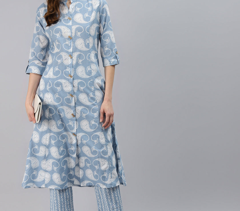 Divena Women Blue Ethnic Motifs Printed Regular Pure Cotton Kurta with Striped Palazzos