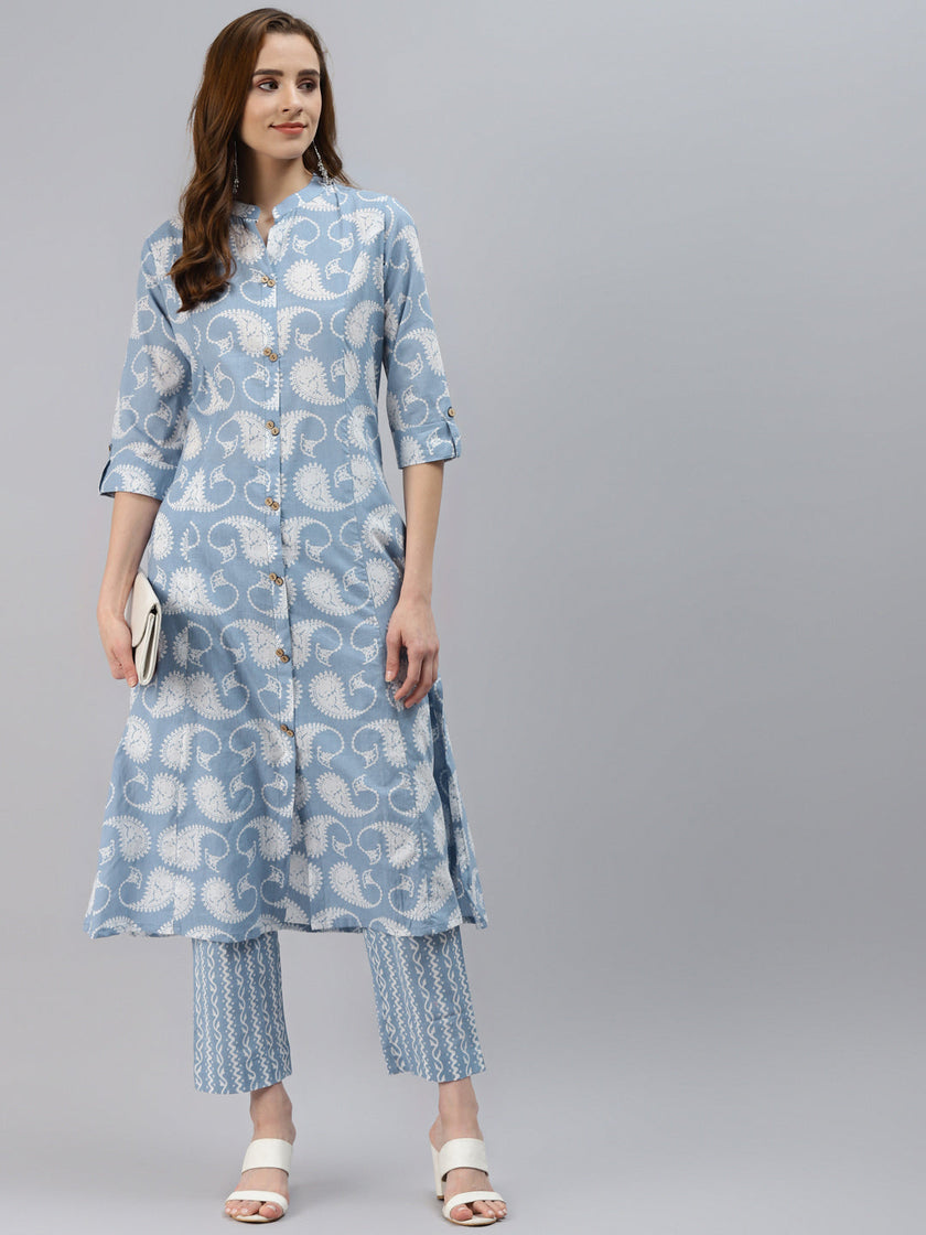 Divena Women Blue Ethnic Motifs Printed Regular Pure Cotton Kurta with Striped Palazzos