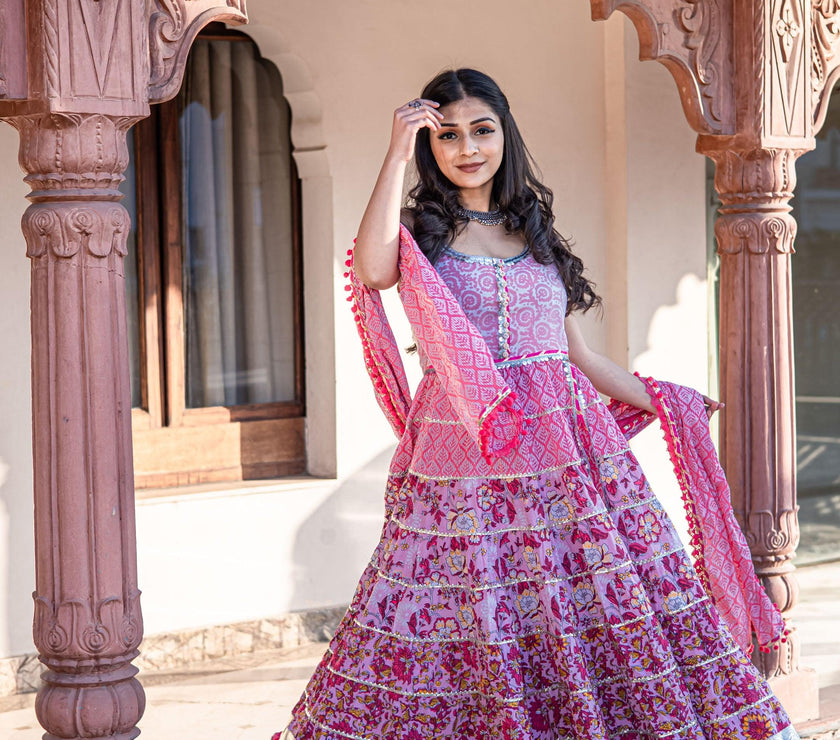 Divena Pink Cotton Sleeves less Anarkali Sharara set with Dupatta - divenaworld.com