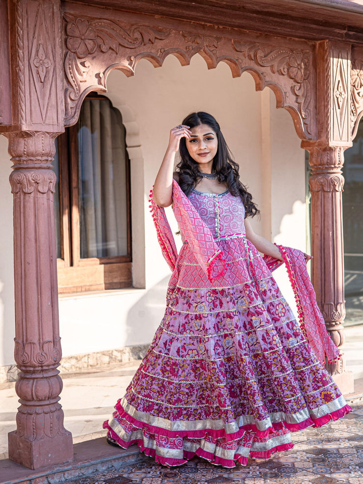 Divena Pink Cotton Sleeves less Anarkali Sharara set with Dupatta - divenaworld.com