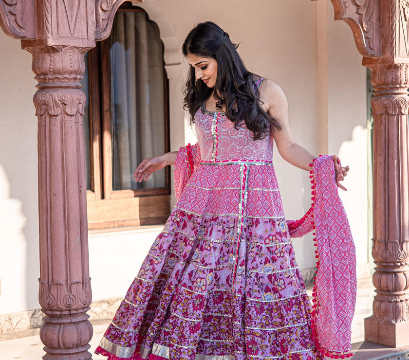 Divena Pink Cotton Sleeves less Anarkali Sharara set with Dupatta - divenaworld.com