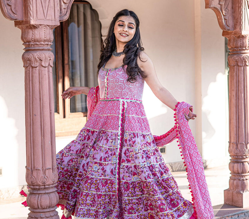 Divena Pink Cotton Sleeves less Anarkali Sharara set with Dupatta - divenaworld.com