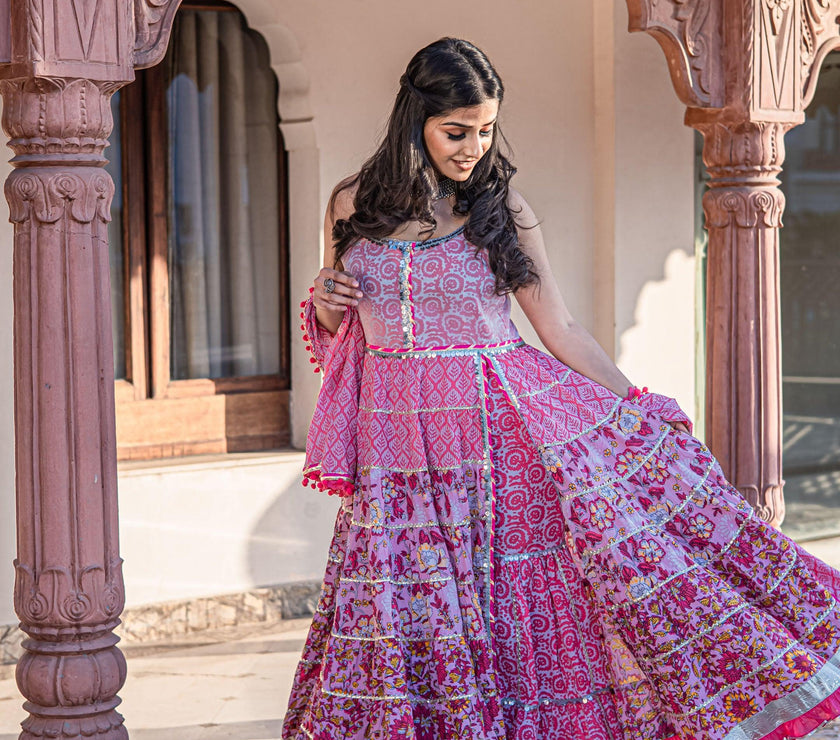 Divena Pink Cotton Sleeves less Anarkali Sharara set with Dupatta - divenaworld.com