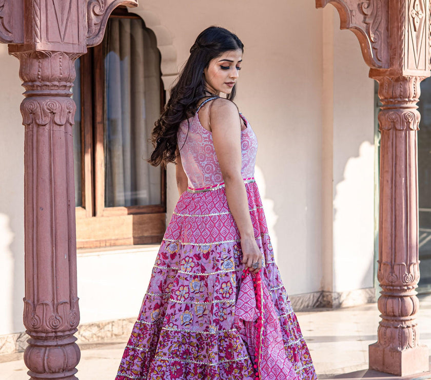 Divena Pink Cotton Sleeves less Anarkali Sharara set with Dupatta - divenaworld.com