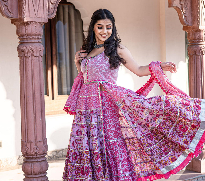 Divena Pink Cotton Sleeves less Anarkali Sharara set with Dupatta - divenaworld.com