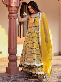 Divena Yellow Cotton Sleeves less anarkali Skirt Set With Dupatta - divenaworld.com