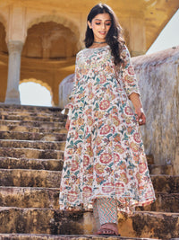 Divena Off white Cotton Anarkali Kurta Pant Set - divenaworld.com