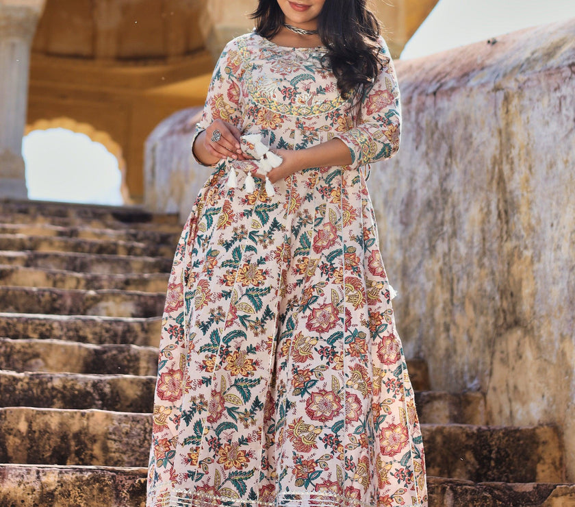 Divena Off white Cotton Anarkali Kurta Pant Set - divenaworld.com