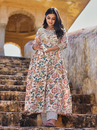 Divena Off white Cotton Anarkali Kurta Pant Set - divenaworld.com