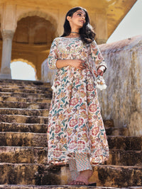 Divena Off white Cotton Anarkali Kurta Pant Set - divenaworld.com