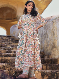 Divena Off white Cotton Anarkali Kurta Pant Set - divenaworld.com