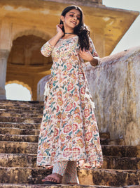 Divena Off white Cotton Anarkali Kurta Pant Set - divenaworld.com