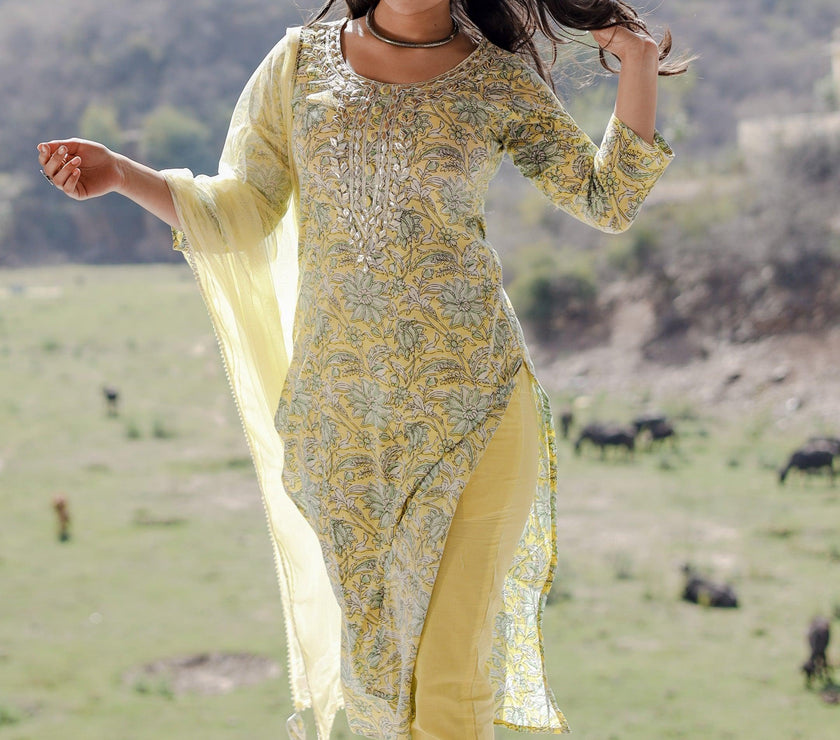 Divena yellow Cotton Straight Kurta pant set with dupatta - divenaworld.com