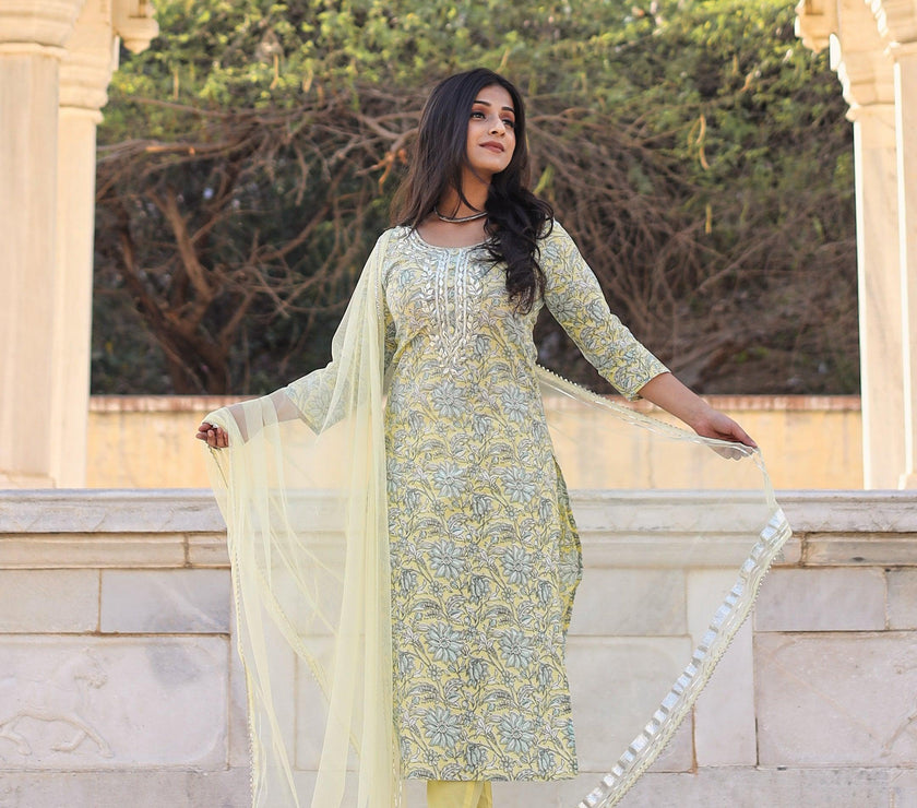 Divena yellow Cotton Straight Kurta pant set with dupatta - divenaworld.com