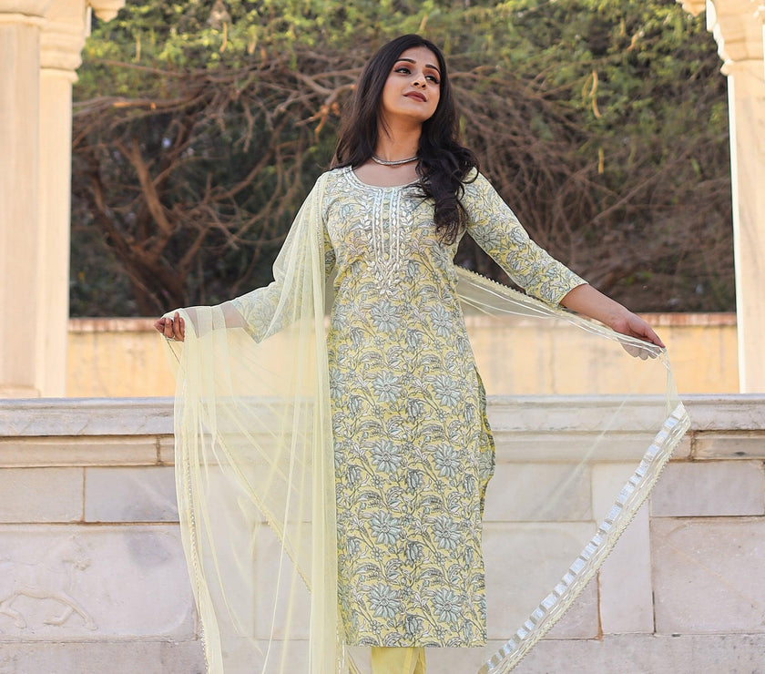 Divena yellow Cotton Straight Kurta pant set with dupatta - divenaworld.com