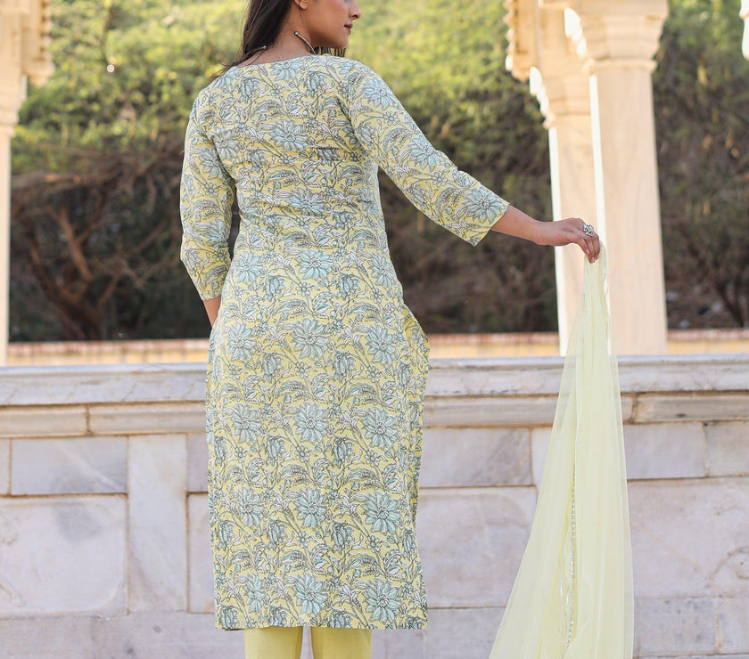 Divena yellow Cotton Straight Kurta pant set with dupatta - divenaworld.com