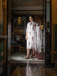 Divena White cotton Kurta Pant set with Dupatta - divenaworld.com