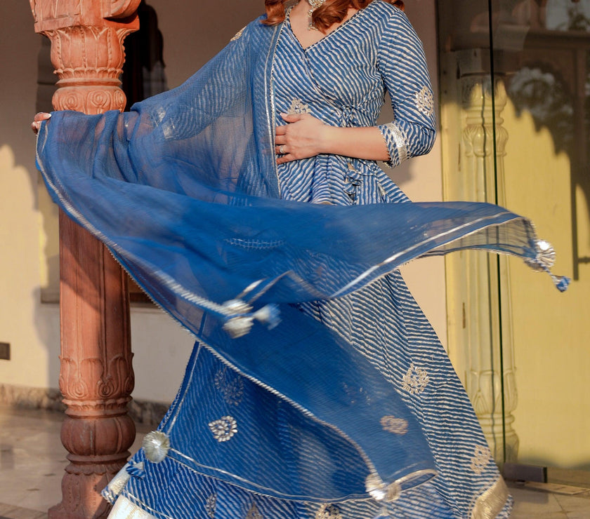 Divena Blue Lehriya lehenga dupatta set - divenaworld.com