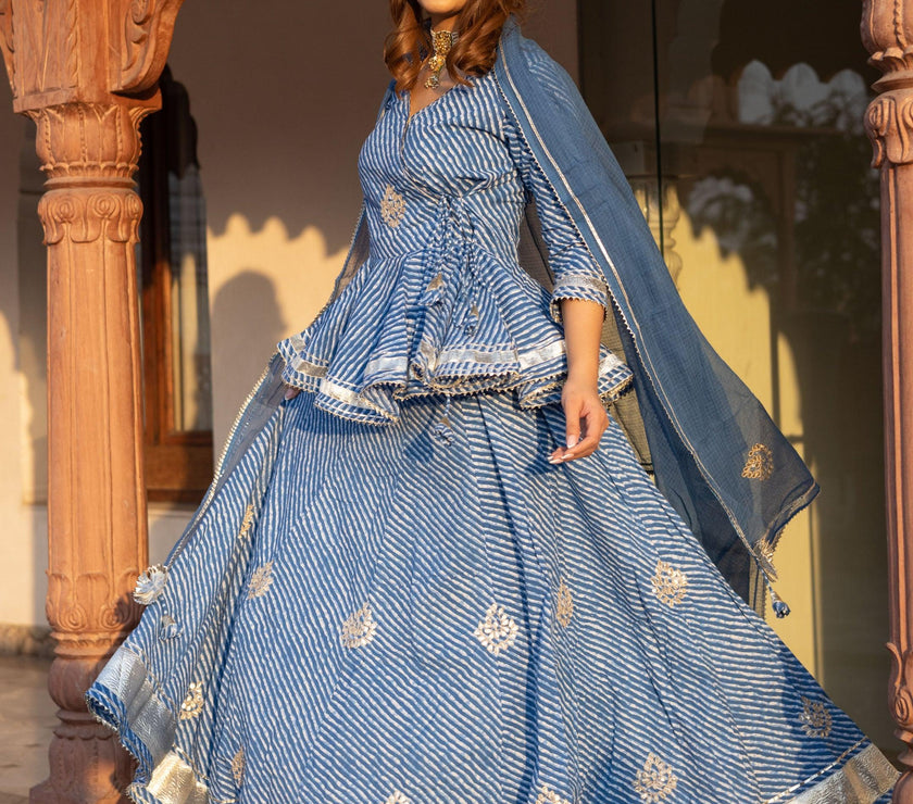 Divena Blue Lehriya lehenga dupatta set - divenaworld.com