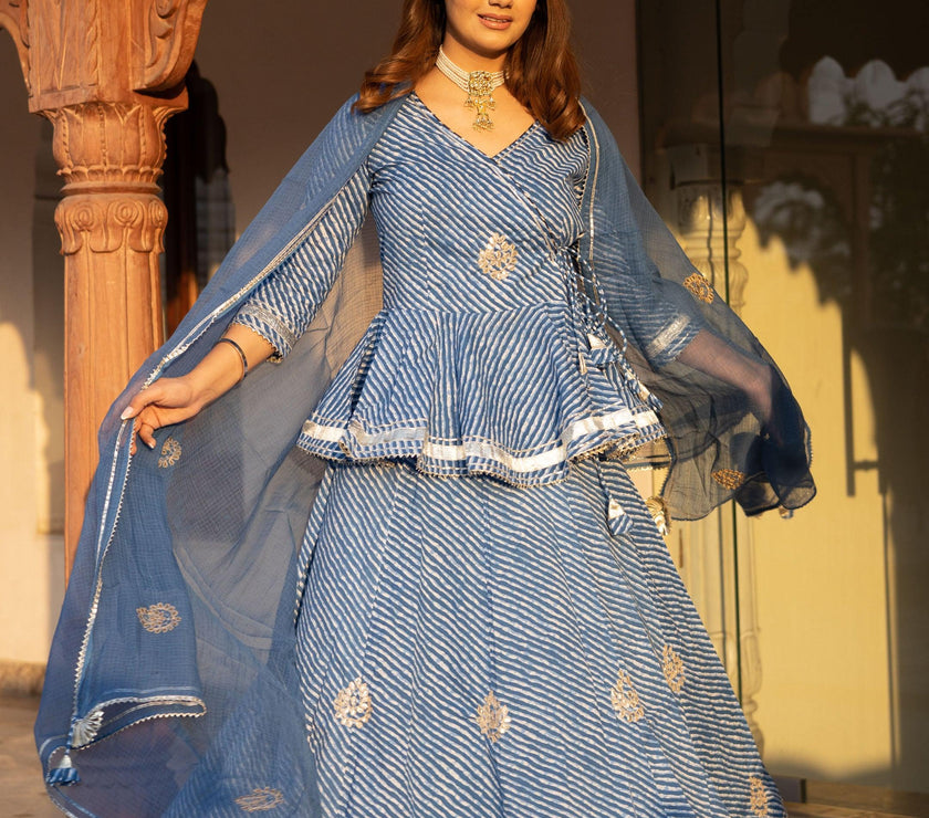 Divena Blue Lehriya lehenga dupatta set - divenaworld.com