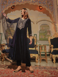 Divena Royal Blue Velvet hand work Kurta pant With Net Dupatta set - divenaworld.com