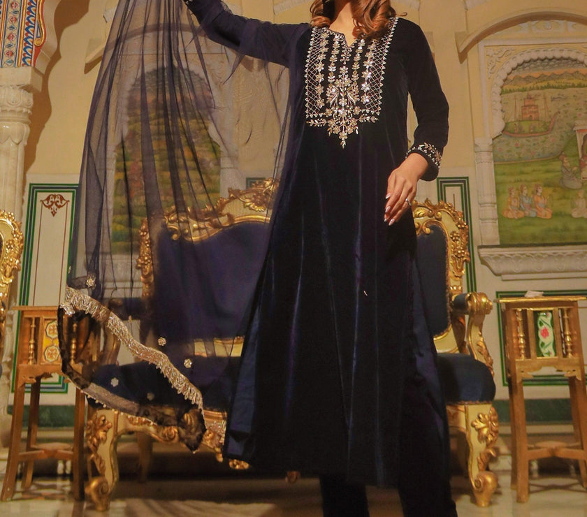 Divena Royal Blue Velvet hand work Kurta pant With Net Dupatta set - divenaworld.com