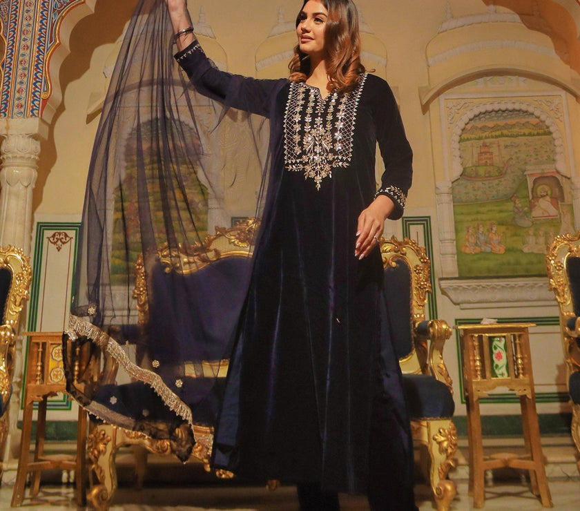 Divena Royal Blue Velvet hand work Kurta pant With Net Dupatta set - divenaworld.com