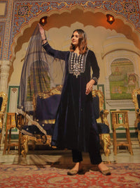 Divena Royal Blue Velvet hand work Kurta pant With Net Dupatta set - divenaworld.com