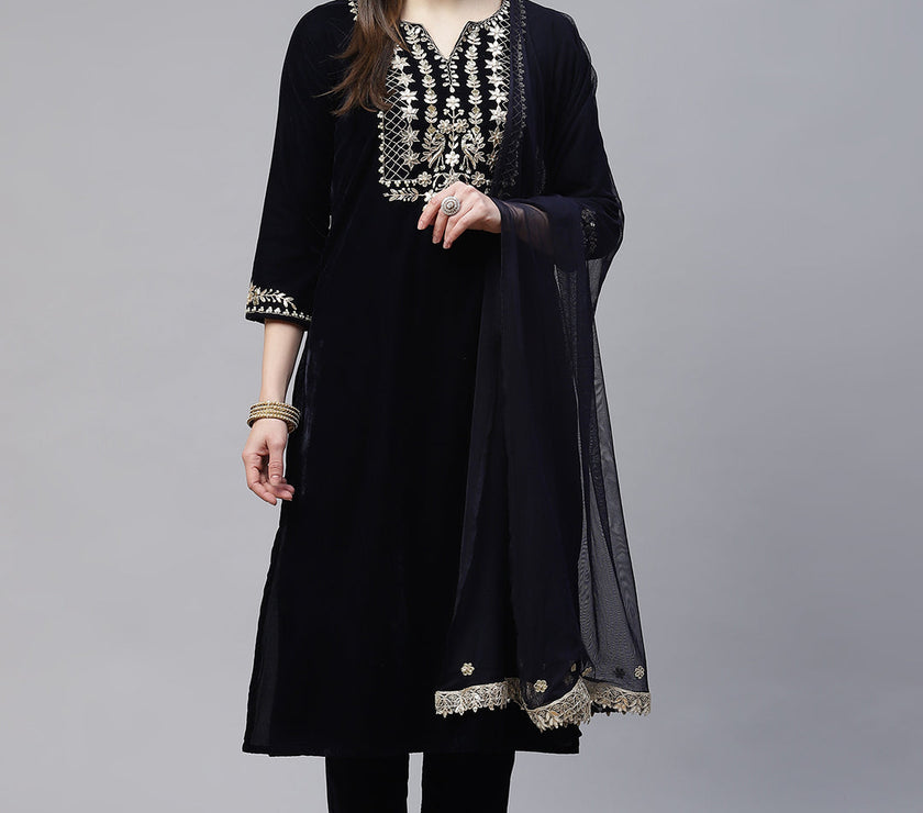 Divena Royal Navy Blue Velvet Zardozi work Embroidered Kurta Pant With Net Dupatta set