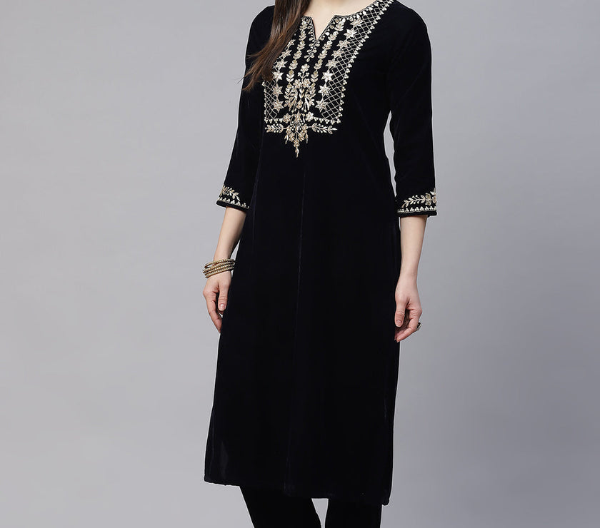 Divena Royal Navy Blue Velvet Zardozi work Embroidered Kurta Pant With Net Dupatta set