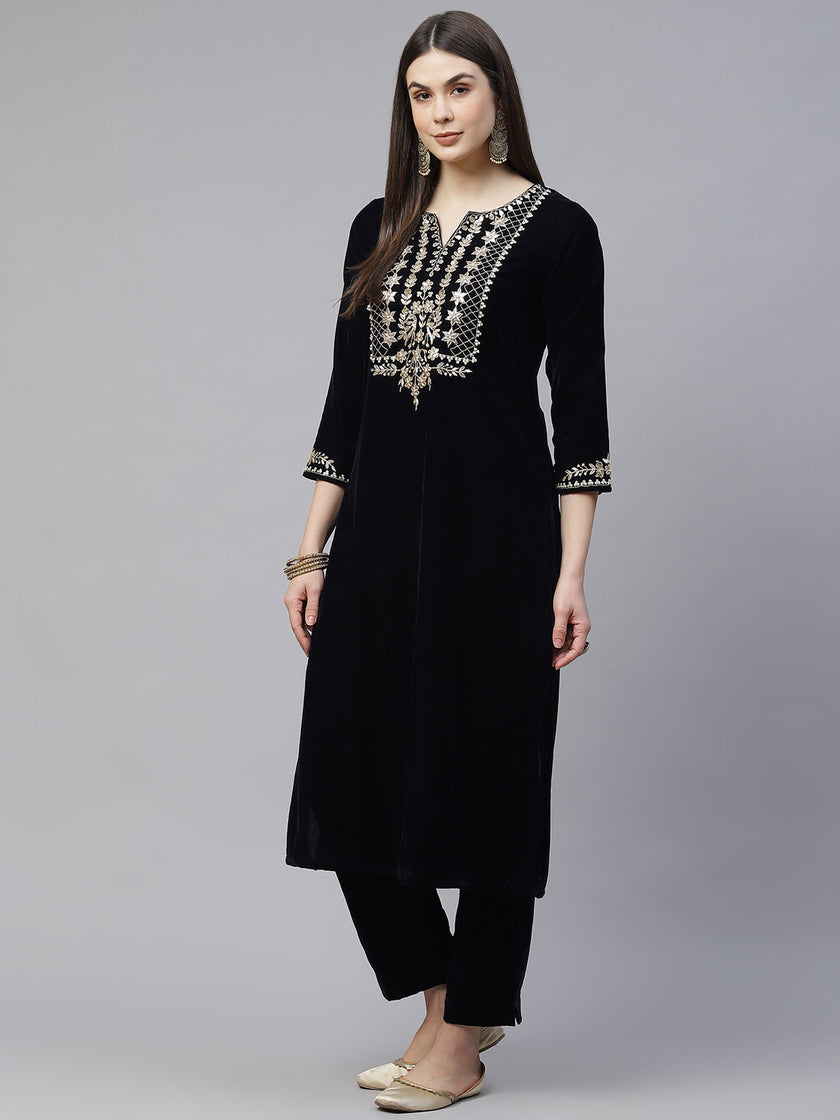 Divena Royal Navy Blue Velvet Zardozi work Embroidered Kurta Pant With Net Dupatta set