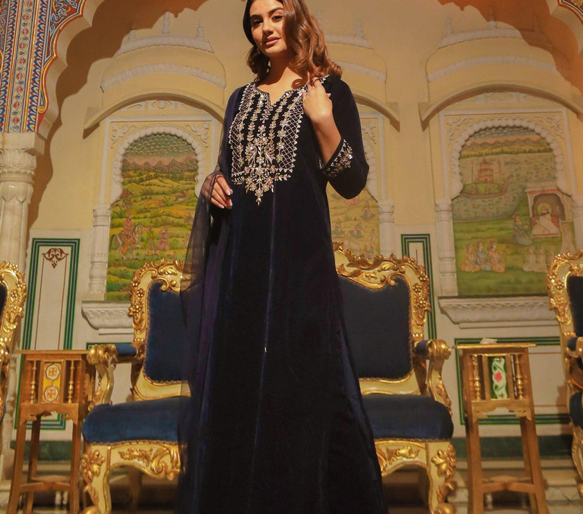 Divena Royal Blue Velvet hand work Kurta pant With Net Dupatta set - divenaworld.com