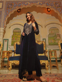 Divena Royal Blue Velvet hand work Kurta pant With Net Dupatta set - divenaworld.com