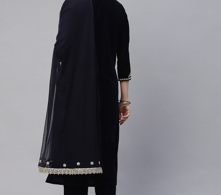 Divena Royal Navy Blue Velvet Zardozi work Embroidered Kurta Pant With Net Dupatta set