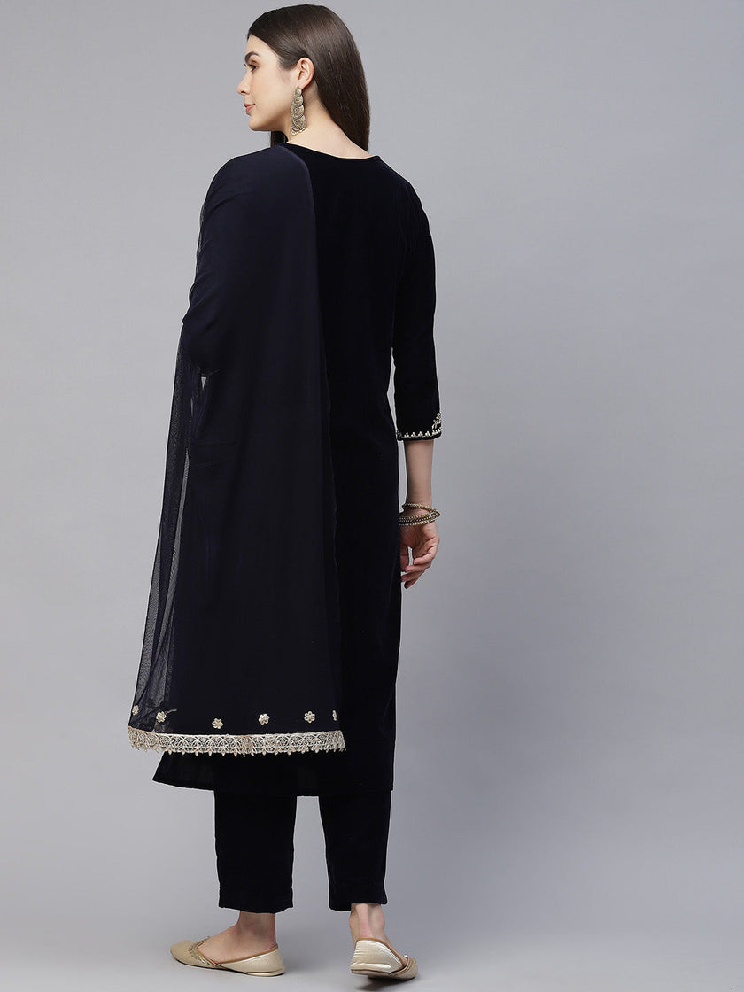 Divena Royal Navy Blue Velvet Zardozi work Embroidered Kurta Pant With Net Dupatta set